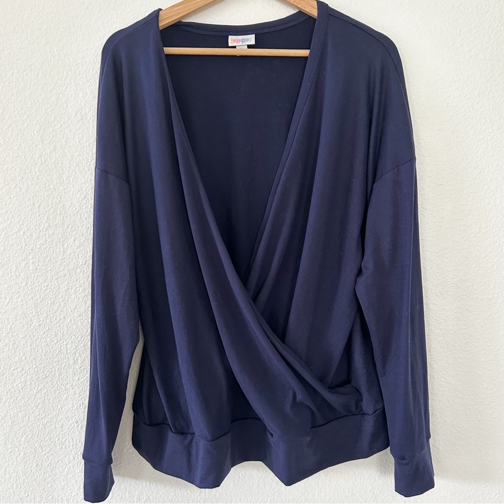 Women’s Lularoe Top Cross Front Navy Lagenlook Mature Office